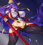  1girl antenna_hair backless_outfit black_pants blazblue blazblue_remix_heart bow breasts halter_top halterneck huge_breasts looking_at_viewer lowleg lowleg_pants mai_natsume melon22 pants polearm purple_hair red_eyes revealing_clothes sideboob solo spear weapon yellow_bow 