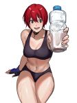  1girl :d blush bottle breasts brown_eyes character_request copyright_request gloves hanny_(nhim) highres holding holding_bottle looking_at_viewer medium_breasts midriff navel open_mouth red_hair short_hair short_shorts shorts single_glove smile solo sports_bra sweat tomboy water 