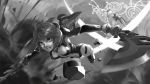  1boy 1girl absurdres battle brew19988991 center_opening chasing clenched_teeth cyborg dual_wielding energy_wings explosion fiorung foreshortening greyscale highres holding mecha-fiorung monado monochrome navel short_hair speed_armor_(fiorung) spoilers sword teeth weapon xanthe xenoblade_(series) xenoblade_1 