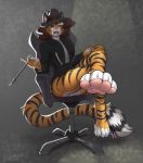  4_toes alex_marx anthro bottomless brown_hair butt claws clothed clothing depth_of_field fangs felid female foot_focus genitals hair hi_res hindpaw looking_at_viewer mammal pantherine pawpads paws pussy reaper3d simple_background soles solo striped_body stripes tiger toes 