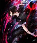  1boy black_eyes black_gloves black_hair black_jacket black_shirt danhu final_fantasy final_fantasy_xv fingerless_gloves fingernails gloves jacket magic male_focus noctis_lucis_caelum open_clothes open_jacket parted_lips shirt signature smile solo throwing zipper 