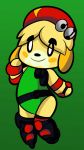  animal_crossing anthro cammy_(street_fighter) canid canine canis clothed clothing crossdressing domestic_dog female fur green_background hair hand_on_face hat headgear headwear hi_res isabelle_(animal_crossing) looking_at_viewer mammal nintendo shih_tzu simple_background smile solo someth1ngoranother standing toy_dog video_games yellow_body yellow_fur 