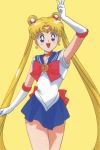  1990s_(style) 1girl arm_up back_bow bishoujo_senshi_sailor_moon blonde_hair blue_eyes blue_sailor_collar blue_skirt bow choker cowboy_shot crescent crescent_earrings earrings elbow_gloves eyebrows_visible_through_hair gloves heart heart_choker inner_senshi jewelry long_hair official_art open_mouth pleated_skirt red_choker sailor_collar sailor_moon sailor_senshi sailor_senshi_uniform simple_background skirt solo tiara tsukino_usagi twintails very_long_hair yellow_background 