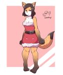  2019 absurd_res anthro belt breasts brown_hair canid canine christmas dipstick_tail female fox fur hair hi_res holidays inner_ear_fluff looking_aside mammal multicolored_tail simple_background solo standing sunbidurgi tan_body tan_fur tuft 
