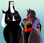  absurd_res anthro big_breasts breasts canid canine canis cleavage clothed clothing crovirus dobermann domestic_dog duo female gradient_background hand_on_hip hi_res jewelry keiko_tachibana larger_female laverne_(sssonic2) mammal mustela mustelid musteline necklace nun pinscher simple_background size_difference smaller_female 