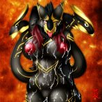  anthro black_body black_hair bodily_fluids cum cum_in_pussy cum_inside fangs female genital_fluids genitals hair hi_res multicolored_body multicolored_hair one_eye_closed open_mouth open_smile pussy red_eyes red_hair sergal simple_background smile solo sweat tongue tongue_out two_tone_body two_tone_hair yellow_body zi0808 