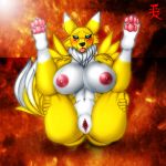  anthro anus black_sclera blue_eyes blush breasts butt digimon digimon_(species) fangs female fluffy fluffy_tail fur genitals hi_res looking_pleasured multicolored_body multicolored_fur nipples open_mouth open_smile presenting pussy renamon simple_background smile solo tongue tongue_out two_tone_body two_tone_fur white_body white_fur yellow_body yellow_fur zi0808 