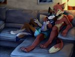  anthro bottomwear canid canine canis clothing cuddling furniture lamp male mammal photo picture_frame sassypants shorts sofa underwear wolf 