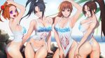  4girls armpits artist_name ass bangs bare_shoulders beach bikini bikini_bottom black_eyes black_hair blurry blurry_background breasts brown_eyes brown_hair character_request cleavage closed_mouth cloud collarbone commentary_request copyright_request day fatal_fury hair_ornament highleg highres kasumi_(doa) large_breasts lips long_hair medium_breasts multiple_girls ocean open_mouth orange_hair outdoors ponytail purple_eyes ryohhe shiranui_mai shirt signature simple_background sky sleeveless smile soulcalibur swimsuit taki_(soulcalibur) the_king_of_fighters thighs thong_bikini_bottom tied_hair water 