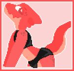  anthro big_eyes black_clothing border clothing crop_top digital_media_(artwork) girly half_naked kobold leather leather_crop_top leather_pants looking_back low_res macy_(kobold) male navel pixel_(artwork) red_body red_border red_skin shirt simple_background solo thewannabepositive tight_clothing topwear underwear 