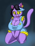  anthro big_breasts black_hair breasts catty_(undertale) cleavage clothed clothing domestic_cat ear_piercing felid feline felis female fur hair hi_res kneeling looking_at_viewer mammal open_mouth piercing purple_body purple_fur simple_background smile solo someth1ngoranother teeth thick_thighs tongue undertale video_games wide_hips 