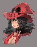  1girl artist_name black_hair blue_eyes bob_cut breasts choker chromatic_aberration cleavage commentary_request eyebrows_visible_through_hair fur_trim grey_background guilty_gear hat highres i-no looking_at_viewer mole mole_under_mouth parted_lips pink_lips portrait red_headwear short_hair signature simple_background smile solo sutegoro witch_hat 