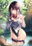  1girl 3: bare_shoulders black_skirt black_swimsuit blurry bow bowtie breasts brown_hair depth_of_field frown groin highleg highleg_swimsuit highres large_breasts long_hair looking_at_viewer miniskirt necomi off_shoulder one-piece_swimsuit original outdoors pleated_skirt purple_eyes see-through shirt short_sleeves sidelocks skirt skirt_pull solo standing swimsuit thighs wading water wet white_shirt 