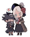  ! 1boy 1girl 5unri5e666 ascot bangs black_cloak black_coat black_dress black_footwear black_gloves black_hair black_pants bloodborne blue_eyes bonnet boots chibi cloak closed_mouth coat commentary_request doll_joints dress fingerless_gloves flower full_body gloves hat holding holding_another hunter_(bloodborne) joints knee_boots long_coat long_dress long_sleeves looking_at_another mask medium_hair messengers_(bloodborne) mouth_mask o_o open_mouth pants parted_bangs plain_doll red_eyes red_gloves red_neckwear rose shared_speech_bubble shoes short_hair silver_hair simple_background solid_circle_eyes speech_bubble teeth tricorne vambraces white_background 