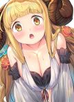  1girl :o anila_(granblue_fantasy) blonde_hair blush breast_squeeze breasts cleavage collarbone commentary_request danbo_(rock_clime) detached_sleeves draph eyebrows_visible_through_hair flower granblue_fantasy hair_flower hair_ornament horns large_breasts looking_at_viewer sheep_horns solo thick_eyebrows yellow_eyes 