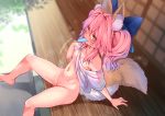  1girl animal_ear_fluff animal_ears blue_ribbon blush bottomless collarbone eyebrows_visible_through_hair fate/extella fate/extra fate/grand_order fate_(series) food food_in_mouth fox_ears fox_girl fox_tail groin hair_ribbon ice looking_at_viewer naughty_face navel nipples pink_hair pussy ribbon sweat tail tamamo_(fate)_(all) tamamo_no_mae_(fate) twintails wisespeak yellow_eyes younger 