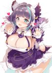  1girl :d aqua_eyes aqua_hair azur_lane bangs black_hair blunt_bangs blush breasts cheshire_(azur_lane) cleavage commentary_request eyebrows_visible_through_hair fang garter_straps hands_up heart heart-shaped_pupils highres large_breasts looking_at_viewer maid_headdress multicolored_hair open_mouth skin_fang smile solo streaked_hair symbol-shaped_pupils thighhighs white_legwear yuruto 