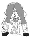  1girl absurdres alternate_costume animal_ears anus anus_peek ass bare_legs bent_over blush boku_no_hero_academia breasts bunny_ears bunny_pose buttons cameltoe center_opening flat_ass from_behind full_body greyscale grin hands_up highres kneepits long_eyelashes long_hair looking_through_legs mario_ferro microskirt mirko monochrome no_tail panties rabbit_girl shirt shoes simple_background skirt slit_pupils smile solo top-down_bottom-up twitter_username underwear upside-down watermark white_background 