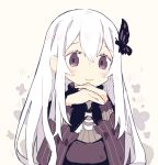  1girl bangs beige_background butterfly_hair_ornament chin_rest closed_mouth crossed_bangs echidna_(re:zero) eyebrows_visible_through_hair floral_background hair_between_eyes hair_ornament hands_together long_hair long_sleeves looking_at_viewer melanbread no_nose own_hands_together purple_eyes re:zero_kara_hajimeru_isekai_seikatsu simple_background smile solo striped tareme upper_body vertical_stripes white_hair 