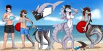  2020 2:1 anthro ball beach black_hair blue_eyes blush breast_growth breasts clothing cloud day duo featureless_breasts featureless_crotch female fish gender_transformation growth hair hi_res holding_ball holding_object human human_to_anthro male mammal marine mtf_transformation nude outside ravieel sand seaside sequence shark species_transformation standing surprise swimming_trunks swimwear tail_growth tomek1000 torn_clothing transformation water 