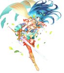  1girl aqua_hair artist_request bangs bare_shoulders blue_eyes boots bracelet breasts earrings eirika_(fire_emblem) fingernails fire_emblem fire_emblem:_the_sacred_stones fire_emblem_heroes flower frills full_body gradient gradient_clothes hair_flower hair_ornament highres jewelry long_hair medium_breasts miniskirt official_art shiny shiny_hair skirt solo thigh_boots thighhighs transparent_background wrist_cuffs zettai_ryouiki 