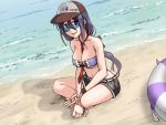  1girl ariake_(kantai_collection) barefoot baseball_cap beach between_breasts bikini black_hair breasts brown_headwear brown_shorts commentary_request dutch_angle enemy_lifebuoy_(kantai_collection) hat highleg highleg_bikini highleg_swimsuit indian_style innertube kantai_collection large_breasts long_hair looking_at_viewer necktie parted_lips purple_bikini purple_eyes red_neckwear shinkaisei-kan short_shorts shorts sir_ichirou sitting solo sunglasses swimsuit wristband 