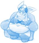  anthro belly big_belly blue_and_white blue_eyes blush chair clothing controller eeveelution furniture game_controller gaming glaceon half-closed_eyes haloopdy happy headgear headphones headset headwear hi_res looking_up male monochrome narrowed_eyes navel nintendo overweight overweight_anthro overweight_male playing_videogame pok&eacute;mon pok&eacute;mon_(species) shirt sitting smile solo topwear video_games 