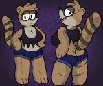  anthro big_breasts big_butt breasts brown_body brown_fur butt cartoon_network cleavage clothed clothing crossgender female front_view fur hand_on_hip looking_at_viewer looking_back mammal narrowed_eyes open_mouth presenting presenting_hindquarters procyonid purple_background raccoon rear_view regular_show rigby_(regular_show) simple_background smile solo someth1ngoranother standing teeth thick_thighs tongue wide_hips 