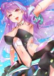  1girl :d armpits blue_hair blush breasts cleavage cleavage_cutout confetti congratulations highres idol_clothes long_hair looking_at_viewer macross macross_delta medium_breasts mikumo_guynemer multicolored_hair navel open_mouth purple_hair red_eyes sasanoneko shiny skirt smile solo two-tone_hair very_long_hair 