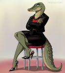  absurd_res anthro clothed clothing crocodilian crossed_legs crovirus female furniture hi_res jewelry mature_female necklace reptile scalie sharp_teeth sitting solo stool teeth 