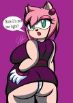  amy_rose anthro big_breasts big_butt breasts butt clothed clothing dialogue english_text eulipotyphlan female green_eyes hair hand_on_hip hedgehog hi_res looking_at_viewer looking_back mammal open_mouth panties pink_body presenting presenting_hindquarters purple_background rear_view simple_background slightly_chubby smile solo someth1ngoranother sonic_the_hedgehog_(series) standing text thick_thighs underwear video_games wide_hips 