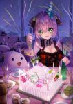  1girl breasts cake cleavage collarbone commentary_request drink food green_eyes heart heart-shaped_pupils highres hololive hololive_china looking_at_viewer night open_mouth pink_hair short_hair spade_echo symbol-shaped_pupils table virtual_youtuber 