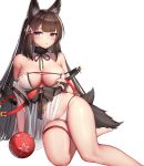  1girl :o absurdres amagi_(wending_waters_serene_lotus)_(azur_lane) animal_ears arm_support azur_lane bare_shoulders barefoot bikini black_hair breasts choker cleavage fox_ears gei_daipf hair_ornament highres large_breasts long_hair looking_at_viewer makeup obi purple_eyes sash see-through sitting solo swimsuit swimsuit_tug thigh_strap thighs very_long_hair white_bikini 