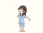  1girl alternate_costume barefoot beige_background black_hair closed_eyes commentary_request full_body kantai_collection long_hair messy_hair open_mouth otoufu oyashio_(kantai_collection) pajamas simple_background solo standing yawning 
