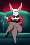  absurd_res anthro big_breasts bow breasts bustier cigarette cigarette_holder cleavage clothed clothing crossed_legs crovirus ear_piercing ear_ring female footwear hi_res high_heels jacket jewelry lagomorph legwear leporid looking_at_viewer mammal piercing rabbit ring shoes sitting smoking solo stockings topwear white_body 