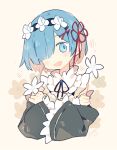  1girl :d bangs beige_background black_hairband black_neckwear black_ribbon blue_eyes blue_hair blunt_bangs cropped_torso crossed_arms detached_sleeves floral_background flower frilled_sleeves frills hair_flower hair_ornament hair_over_one_eye hair_ribbon hairband hands_up head_tilt long_sleeves looking_at_viewer melanbread neck_ribbon no_nose open_mouth parted_bangs re:zero_kara_hajimeru_isekai_seikatsu red_ribbon rem_(re:zero) ribbon simple_background smile solo tareme upper_body white_flower wide_sleeves x_hair_ornament 