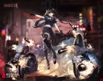  1girl artist_request bangs black_footwear black_gloves black_hair black_legwear black_sailor_collar black_skirt boots bow bowtie breasts fang firing floating girls_frontline gloves headgear high_heel_boots high_heels long_hair medium_breasts midriff navel official_art open_mouth ouroboros_(girls_frontline) outstretched_arm pleated_skirt sailor_collar sangvis_ferri school_uniform serafuku skirt smoke solo sparkle thighhighs twintails white_neckwear 