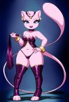  absurd_res anthro breasts cleavage clothed clothing crovirus ear_piercing ear_ring female footwear gradient_background hand_on_hip hi_res high_heels legendary_pok&eacute;mon mew nintendo piercing pink_body pok&eacute;mon pok&eacute;mon_(species) shoes simple_background solo video_games whip 