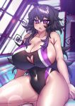  1girl :o absurdres ahoge breasts cleavage fang highres huge_breasts lewdweather long_hair nyarla_(osiimi) one-piece_swimsuit original osiimi pool poolside purple_eyes purple_hair purple_nails rei_no_pool sidelocks swimsuit thick_thighs thighs vaporwave 