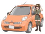  1girl :d adjusting_headwear akiyama_yukari bag bangs belt black_footwear boots brown_belt brown_eyes brown_hair brown_headwear brown_shirt car collared_shirt commentary girls_und_panzer grey_legwear grey_shorts ground_vehicle koala koala_forest_military_uniform logo long_hair looking_at_viewer messy_hair motor_vehicle nissan nissan_march open_mouth ribbed_legwear sam_browne_belt satchel shirt short_hair short_sleeves shorts simple_background slouch_hat smile standing thighhighs uona_telepin white_background 