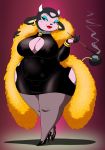  absurd_res anthro big_breasts breasts cleavage clothed clothing cowbell crovirus dress ear_piercing ear_ring female hi_res mature_female miltank nintendo nipple_outline piercing pok&eacute;mon pok&eacute;mon_(species) slightly_chubby smoking solo thick_thighs video_games 