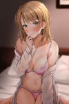  1girl bangs bed blurry blurry_background blush bra breasts brown_hair cleavage closed_mouth collarbone commentary_request cowboy_shot depth_of_field eyebrows_visible_through_hair eyes_visible_through_hair frilled_bra frilled_panties frills indoors isshiki_iroha large_breasts light_particles looking_at_viewer medium_hair nakamachi_machi navel on_bed open_clothes open_shirt panties pillow ribbon ribbon_bra shirt sideboob sitting solo underwear undressing wariza wavy_mouth white_shirt yahari_ore_no_seishun_lovecome_wa_machigatteiru. yellow_eyes 