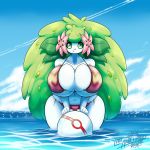  1:1 anthro belly big_breasts bikini bikini_bottom bikini_top breasts clothed clothing cloud detailed_background female flower green_eyes hair hi_res huge_breasts land_forme_shaymin latiar legendary_pok&eacute;mon looking_at_viewer mammal nintendo plant pok&eacute;ball pok&eacute;mon pok&eacute;mon_(species) pok&eacute;morph premier_ball shaymin signature sky slightly_chubby solo swimwear thick_thighs video_games water white_body wide_hips 