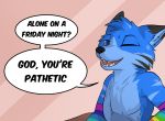  2020 alone_on_a_friday_night_(meme) anthro arm_warmers armwear biped black_body black_fur blue_body blue_eyes blue_fur blue_hair canid canine canis clothing cropped cute_clothing dex_blueberry dialogue digital_media_(artwork) edit english_text fox fur hair hi_res hybrid looking_at_viewer male mammal martinballamore meme one_eye_closed open_mouth open_smile shaded shopped simple_background smile solo speech_bubble stripes talking_to_viewer text wink wolf 