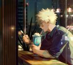  1boy bakugou_katsuki blonde_hair boku_no_hero_academia city city_lights cityscape cloud desert glasses milkshake night open_mouth plant reflection shirt sky solo spiked_hair spoon taro-k 