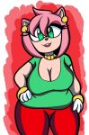  amy_rose anthro big_breasts breasts cleavage clothed clothing eulipotyphlan female gloves green_eyes hair hand_on_hip handwear hedgehog hi_res looking_at_viewer mammal open_mouth pink_body simple_background smile solo someth1ngoranother sonic_the_hedgehog_(series) standing teeth thick_thighs video_games wide_hips 
