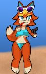  animal_crossing anthro audie_(animal_crossing) beach beverage big_breasts blonde_hair blue_eyes breasts canid canine canis cleavage clothed clothing drinking eyewear fan_(disambiguation) female fur hair hi_res holding_drink holding_fan holding_object looking_at_viewer mammal narrowed_eyes nintendo orange_body orange_fur seaside smile solo someth1ngoranother standing sunglasses swimwear thick_thighs under_boob video_games wide_hips wolf 