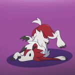  1:1 absurd_res ambiguous_gender anthro black_eyes butt canid canine cheek_tuft claws facial_tuft fur hair hi_res lycanroc mammal midnight_lycanroc nintendo pok&eacute;mon pok&eacute;mon_(species) purple_background red_body red_fur simple_background small_tail solo thorium_(artist) toe_claws tuft video_games white_body white_fur white_hair 