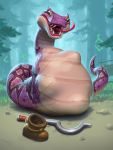  abdominal_bulge ambiguous_gender arthur_bozonnet_(artist) blizzard_entertainment bloated clothing feral feral_pred footwear forest grass green_eyes hearthstone hook looking_at_viewer official_art open_mouth outside purple_body purple_scales python reptile runes scales scalie shoes snake solo teeth tongue tongue_out tree video_games vore 