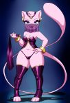  absurd_res anthro breasts cleavage clothed clothing crovirus ear_piercing ear_ring female footwear gradient_background hand_on_hip hi_res high_heels legendary_pok&eacute;mon mew nintendo piercing pink_body pok&eacute;mon pok&eacute;mon_(species) shoes simple_background solo translucent veil video_games whip 